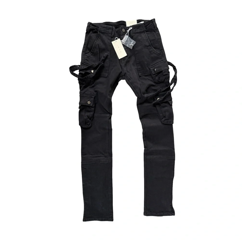 MNML Men's Button Fly Cargo Straight Black Denim Jeans NWT Size 31